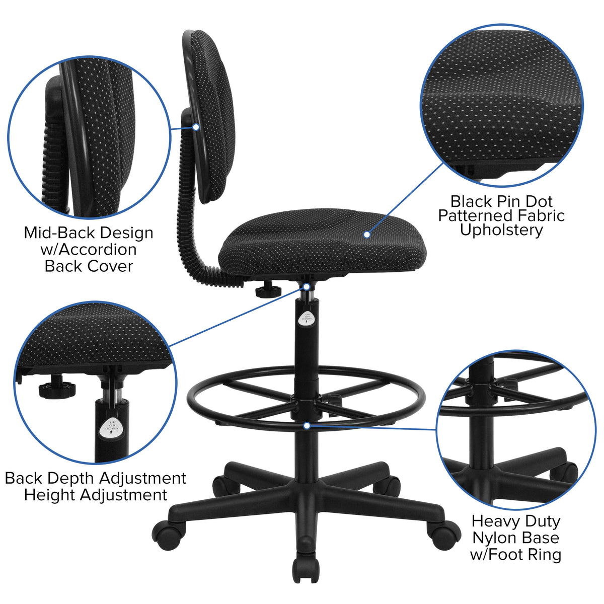Black Patterned |#| Commercial Adjustable Height Drafting Chair-Adjustable Foot Ring in Black Fabric