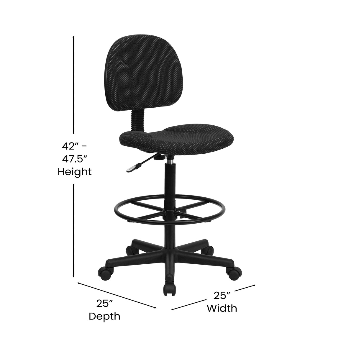 Black Patterned |#| Commercial Adjustable Height Drafting Chair-Adjustable Foot Ring in Black Fabric
