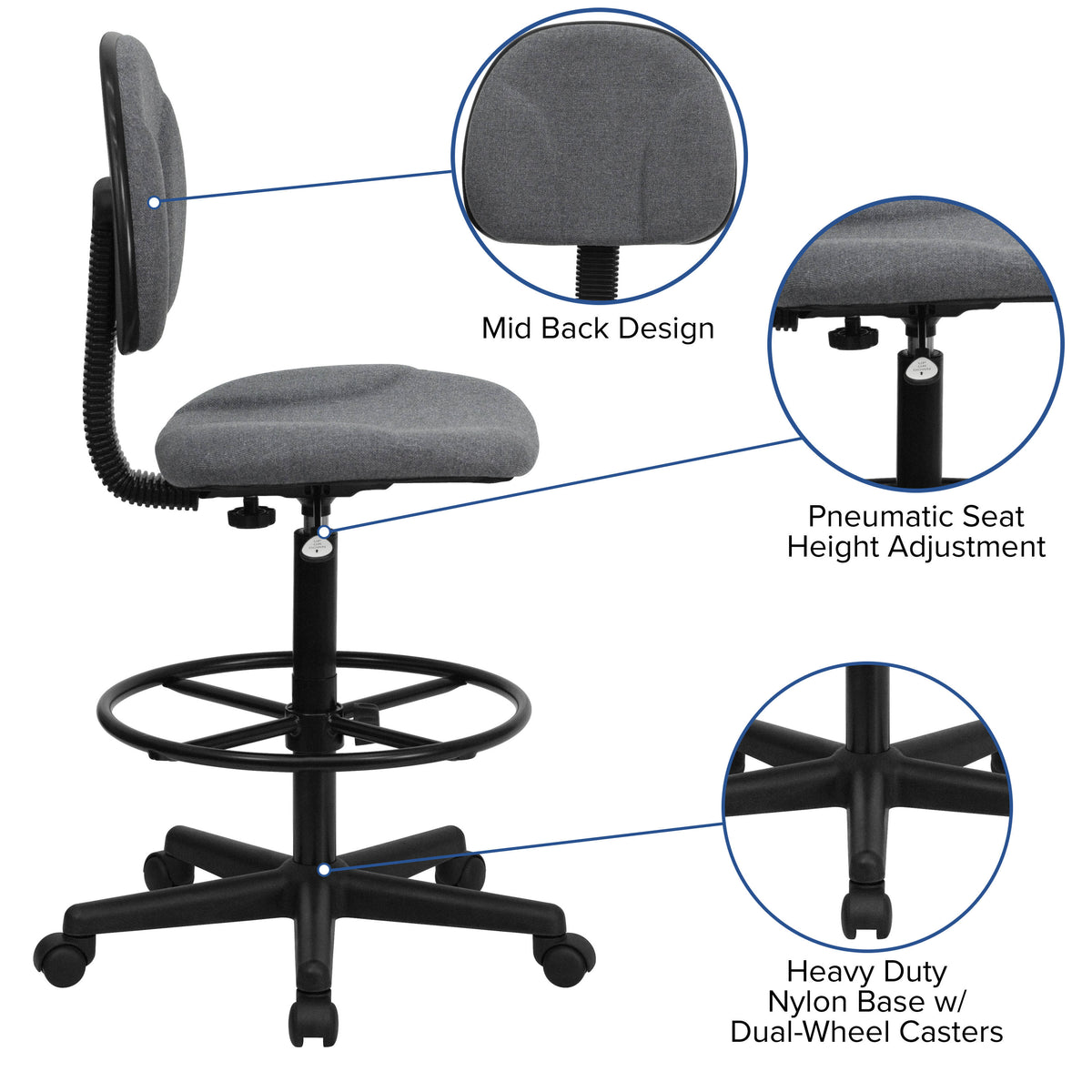 Gray |#| Commercial Adjustable Height Drafting Chair-Adjustable Foot Ring in Gray Fabric