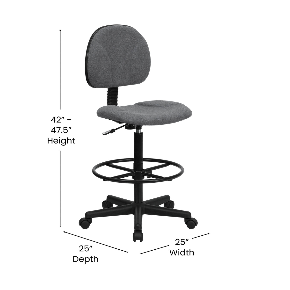 Gray |#| Commercial Adjustable Height Drafting Chair-Adjustable Foot Ring in Gray Fabric
