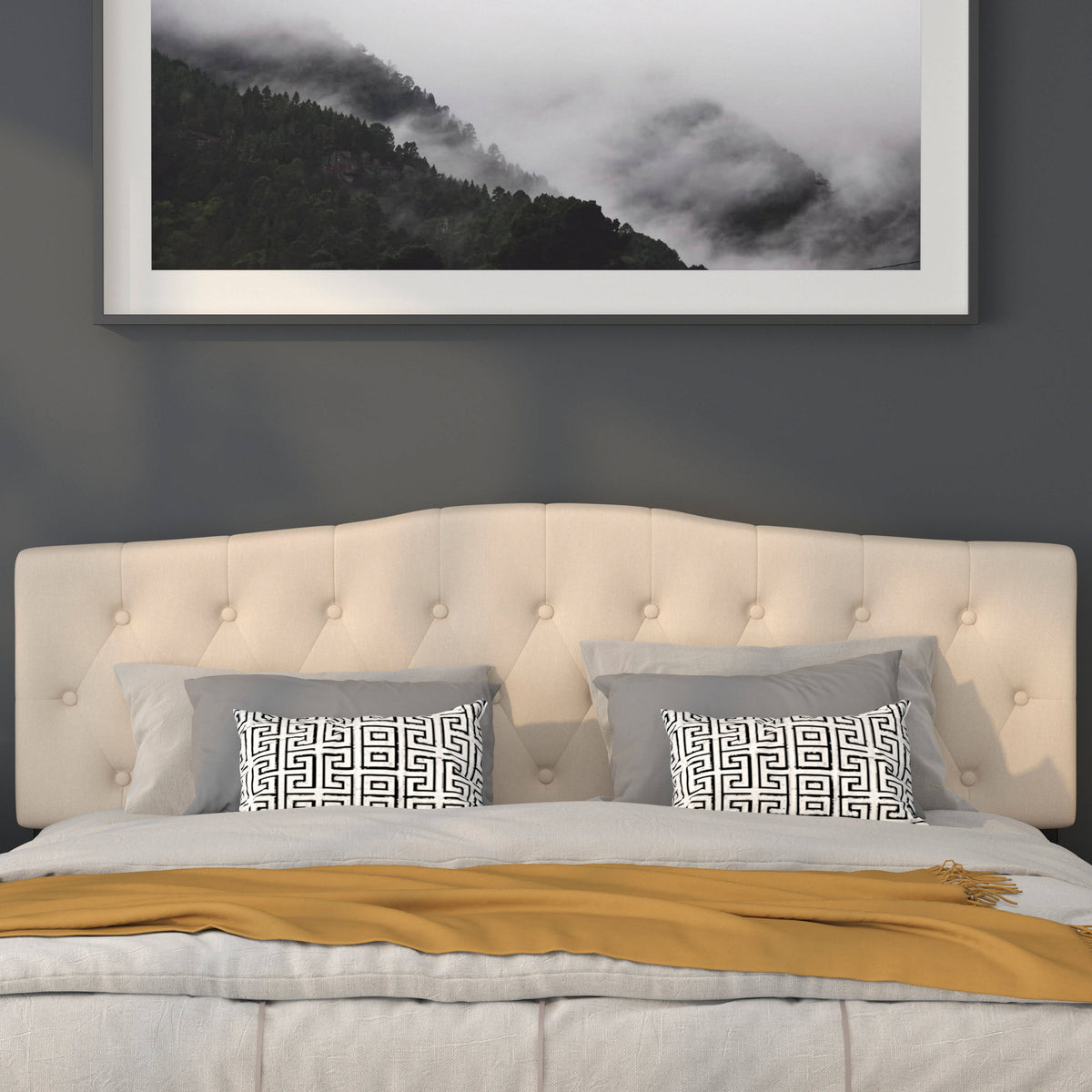 Beige,King |#| Arched Button Tufted Upholstered King Size Headboard in Beige Fabric