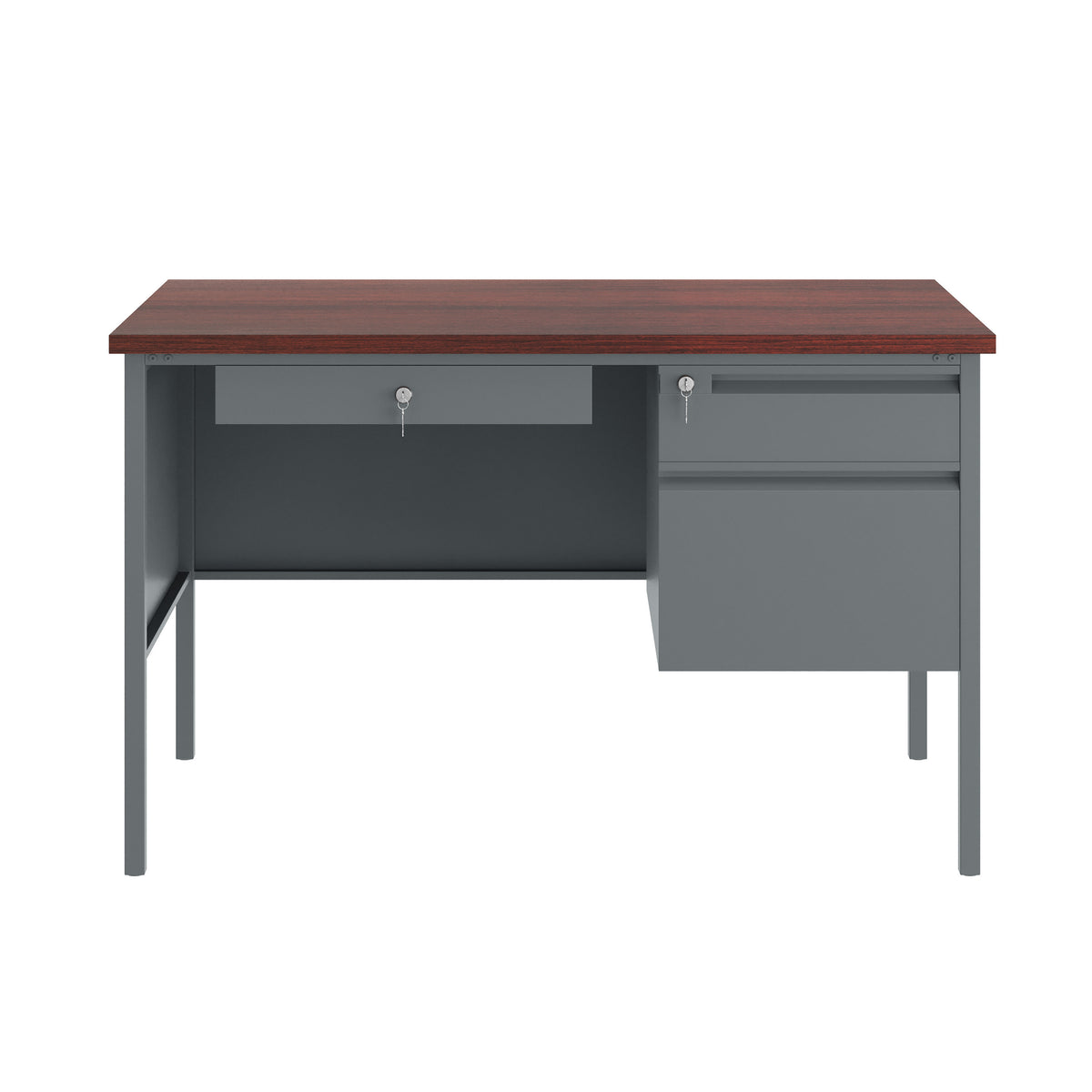Commercial Right Side Single Pedestal Desk-3 Locking Drawers in Mahogany - 24x48
