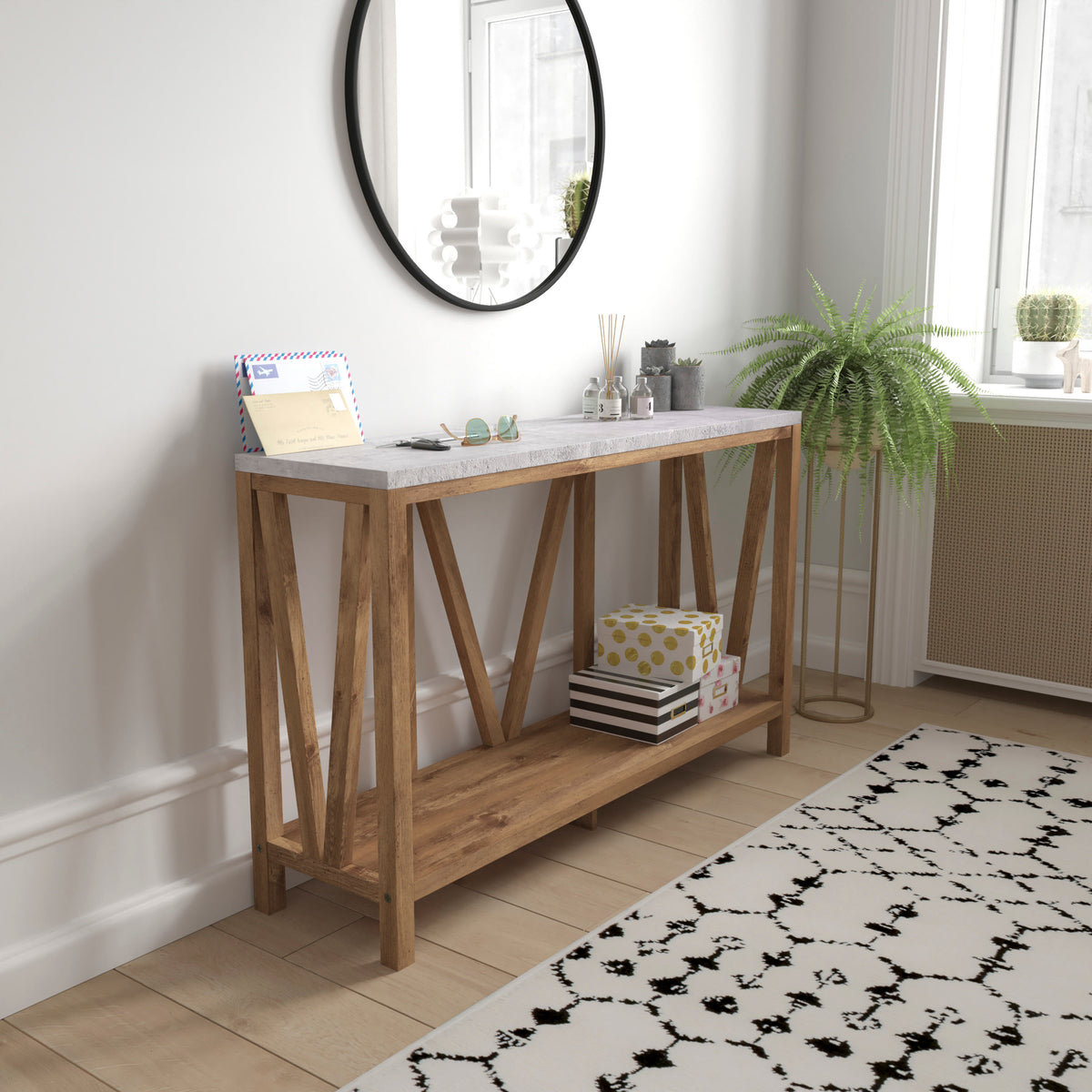 Concrete Top/Warm Oak Frame |#| Farmhouse Style Rustic Entryway Console Table - Warm Oak/Concrete Finish Top