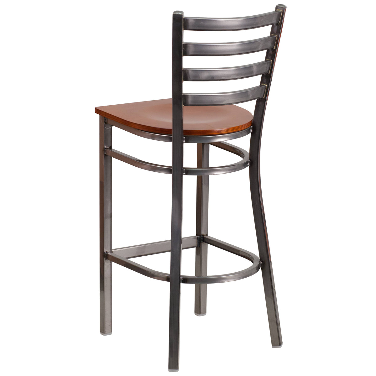 Cherry Wood Seat/Clear Coated Metal Frame |#| Silver Antique Clear Coat Ladder Back Metal Restaurant Barstool-Cherry Wood Seat