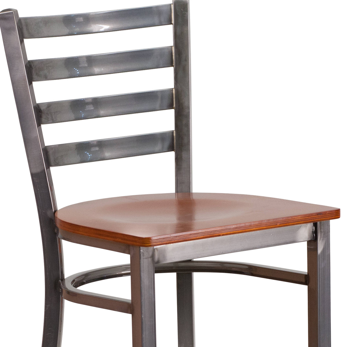 Cherry Wood Seat/Clear Coated Metal Frame |#| Silver Antique Clear Coat Ladder Back Metal Restaurant Barstool-Cherry Wood Seat