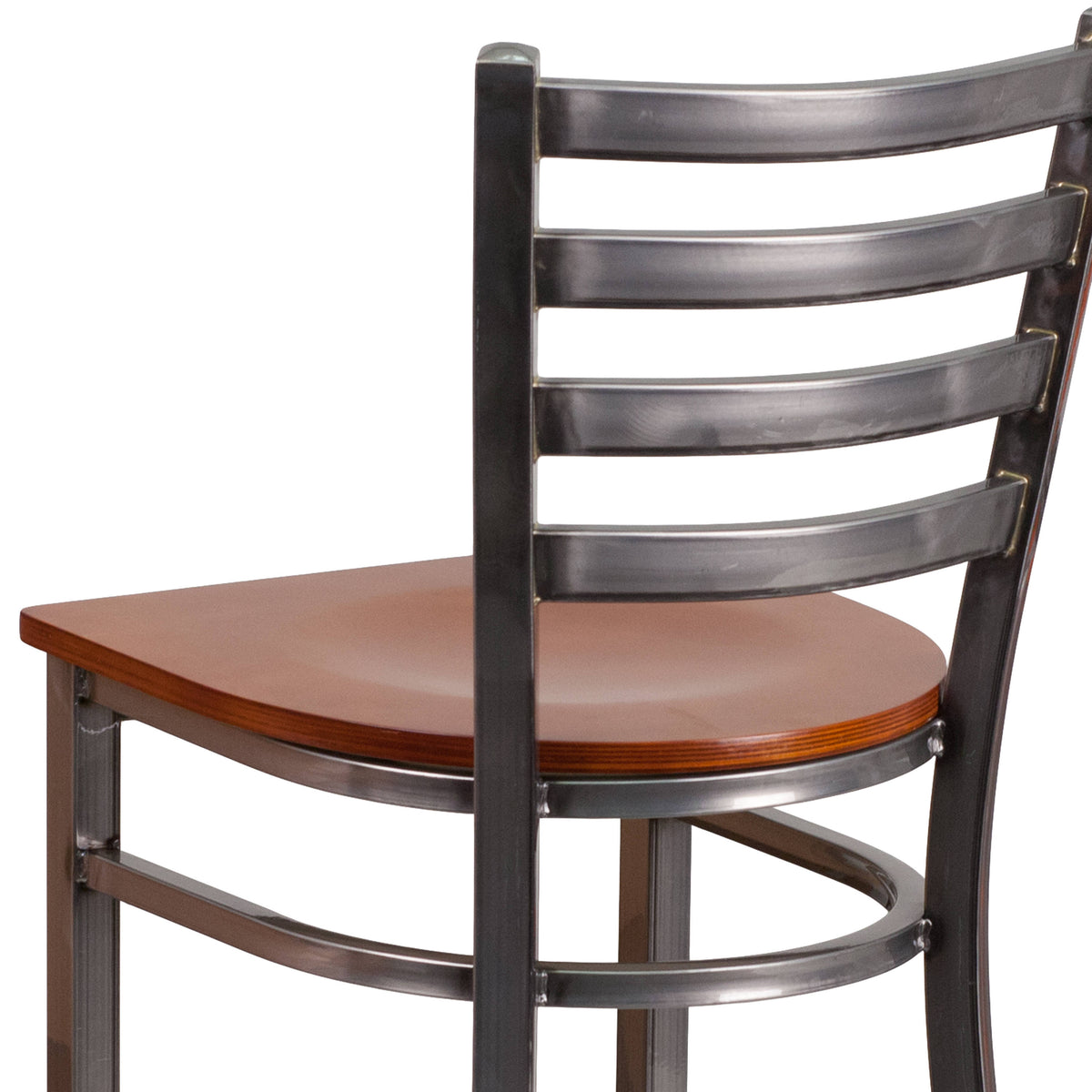 Cherry Wood Seat/Clear Coated Metal Frame |#| Silver Antique Clear Coat Ladder Back Metal Restaurant Barstool-Cherry Wood Seat