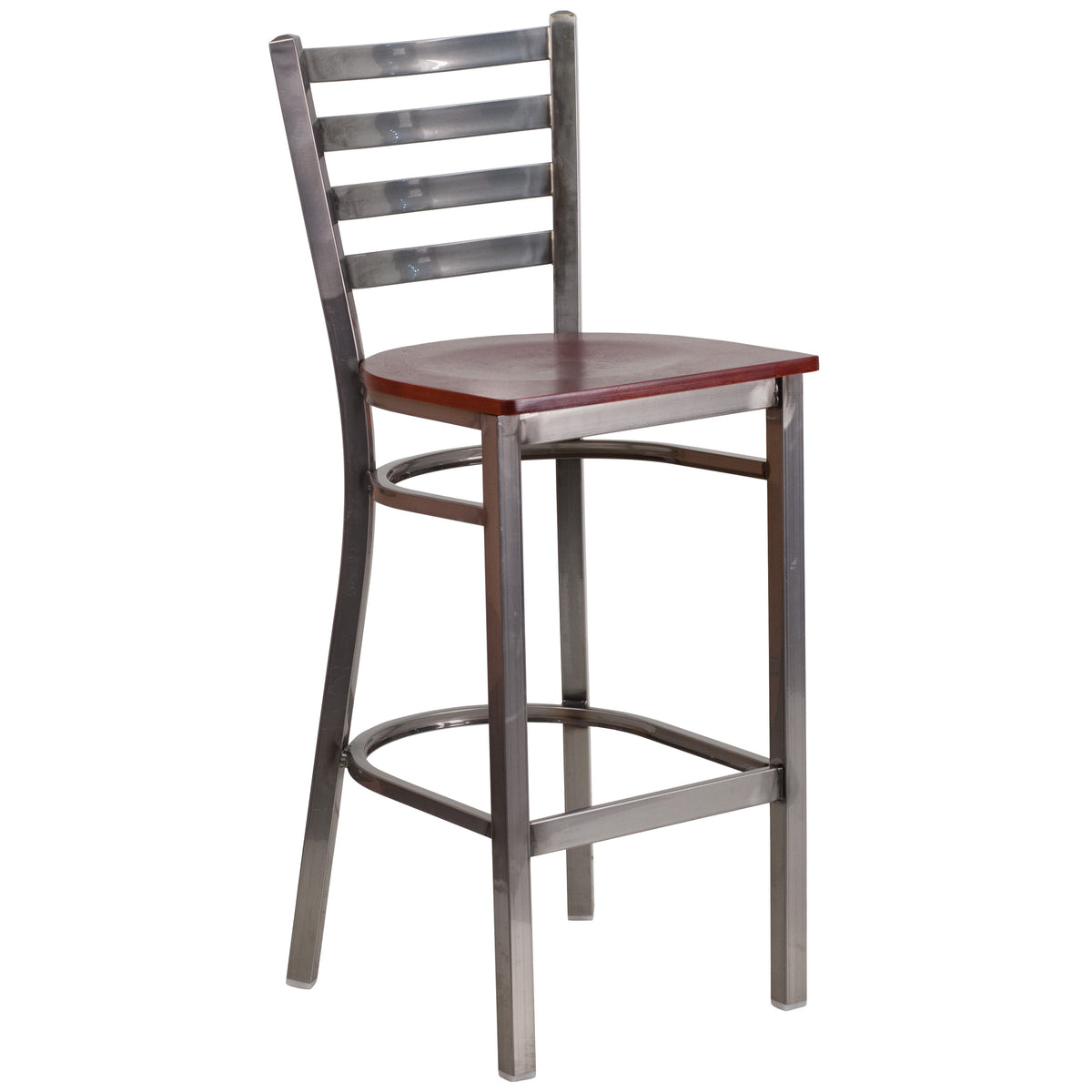 Mahogany Wood Seat/Clear Coated Metal Frame |#| Silver Antique Clear Coat Ladder Back Metal Restaurant Barstool-MAH Wood Seat