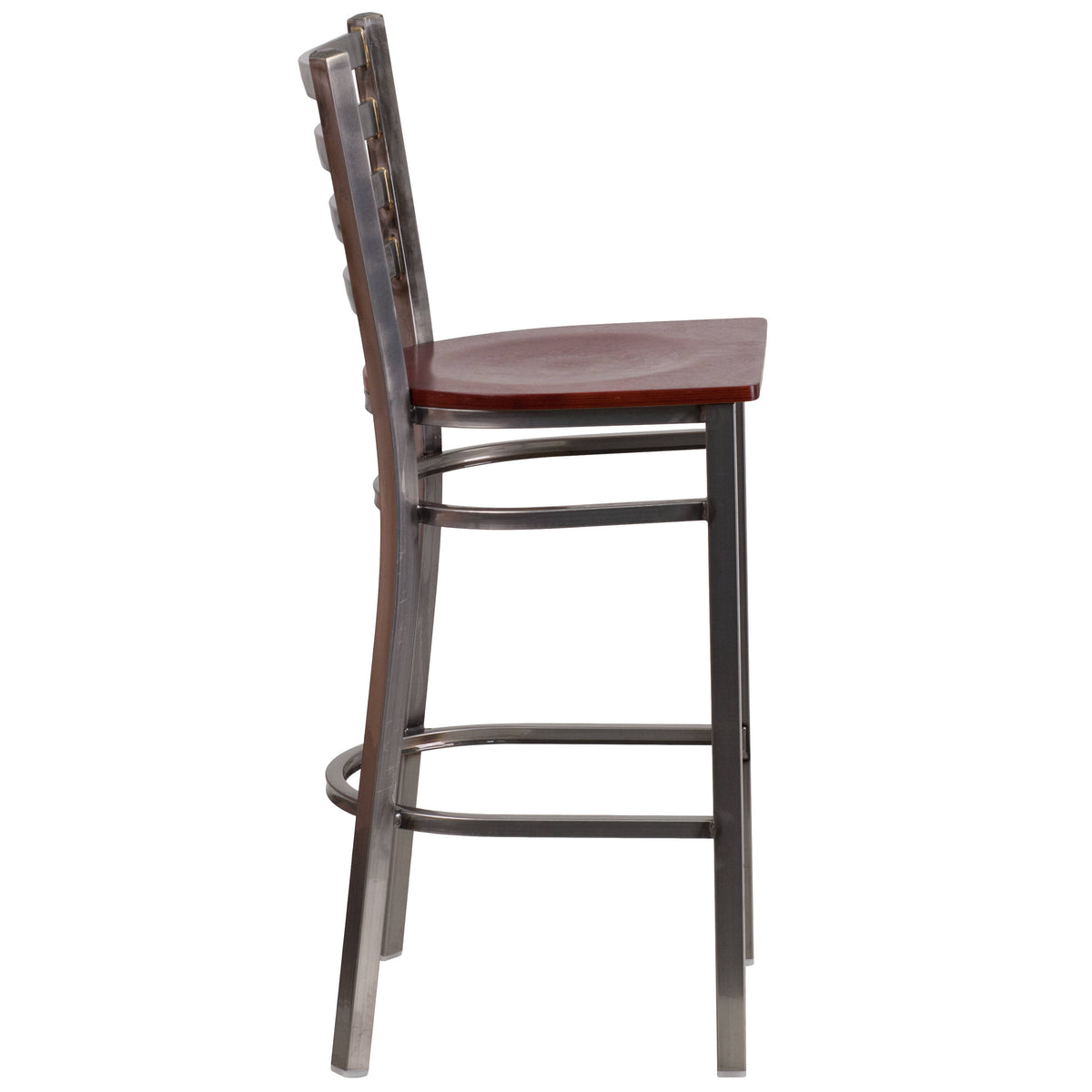 Mahogany Wood Seat/Clear Coated Metal Frame |#| Silver Antique Clear Coat Ladder Back Metal Restaurant Barstool-MAH Wood Seat
