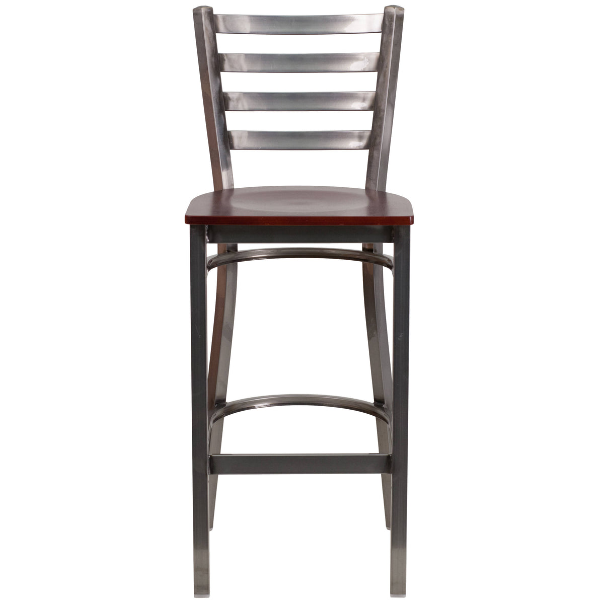Mahogany Wood Seat/Clear Coated Metal Frame |#| Silver Antique Clear Coat Ladder Back Metal Restaurant Barstool-MAH Wood Seat