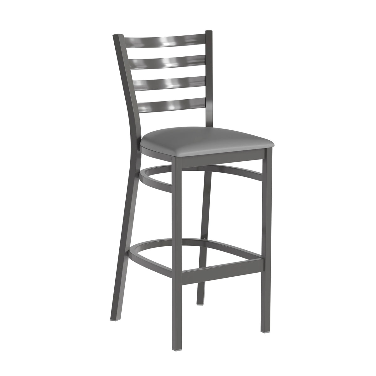 Gray Vinyl Seat/Clear Coated Metal Frame |#| Silver Antique Clear Coat Ladder Back Metal Restaurant Barstool-Gray Vinyl Seat