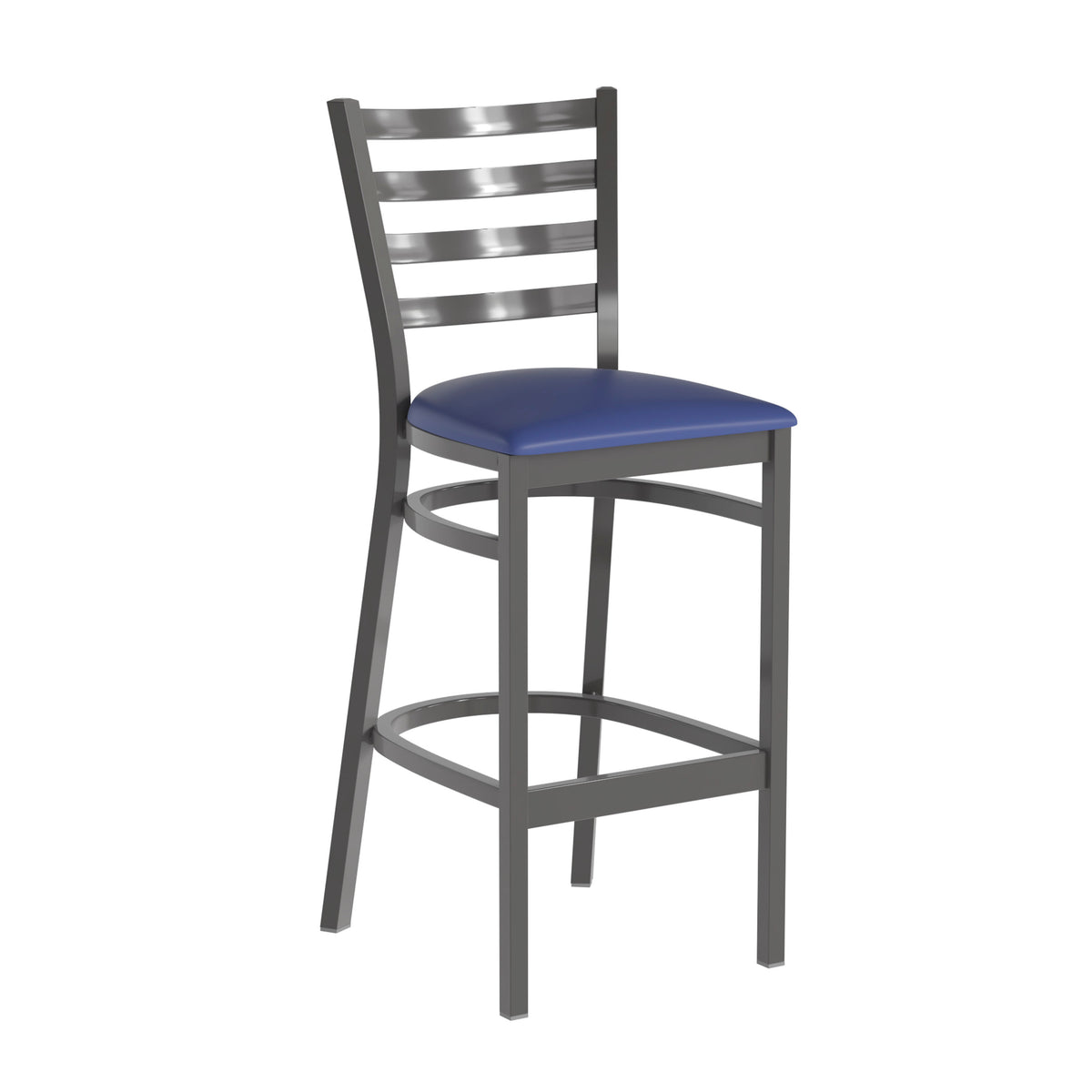 Blue Vinyl Seat/Clear Coated Metal Frame |#| Silver Antique Clear Coat Ladder Back Metal Restaurant Barstool-Blue Vinyl Seat