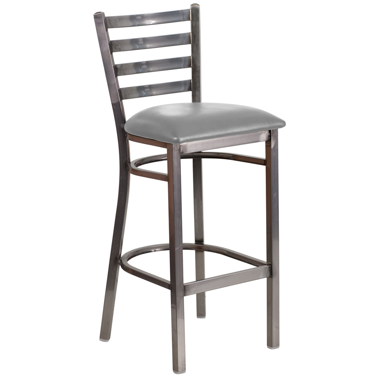 Custom Upholstery/Clear Coated Metal Frame |#| Silver Antique Clear Coat Ladder Back Metal Restaurant Barstool-Custom Seat