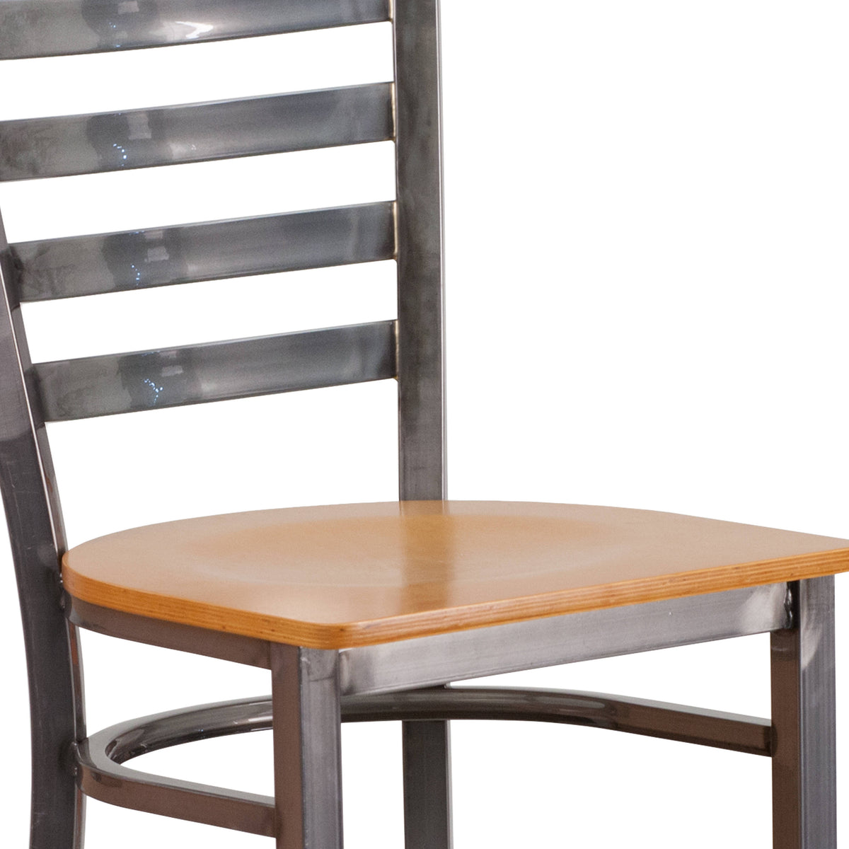 Natural Wood Seat/Clear Coated Metal Frame |#| Silver Antique Clear Coat Ladder Back Metal Restaurant Barstool-NAT Wood Seat
