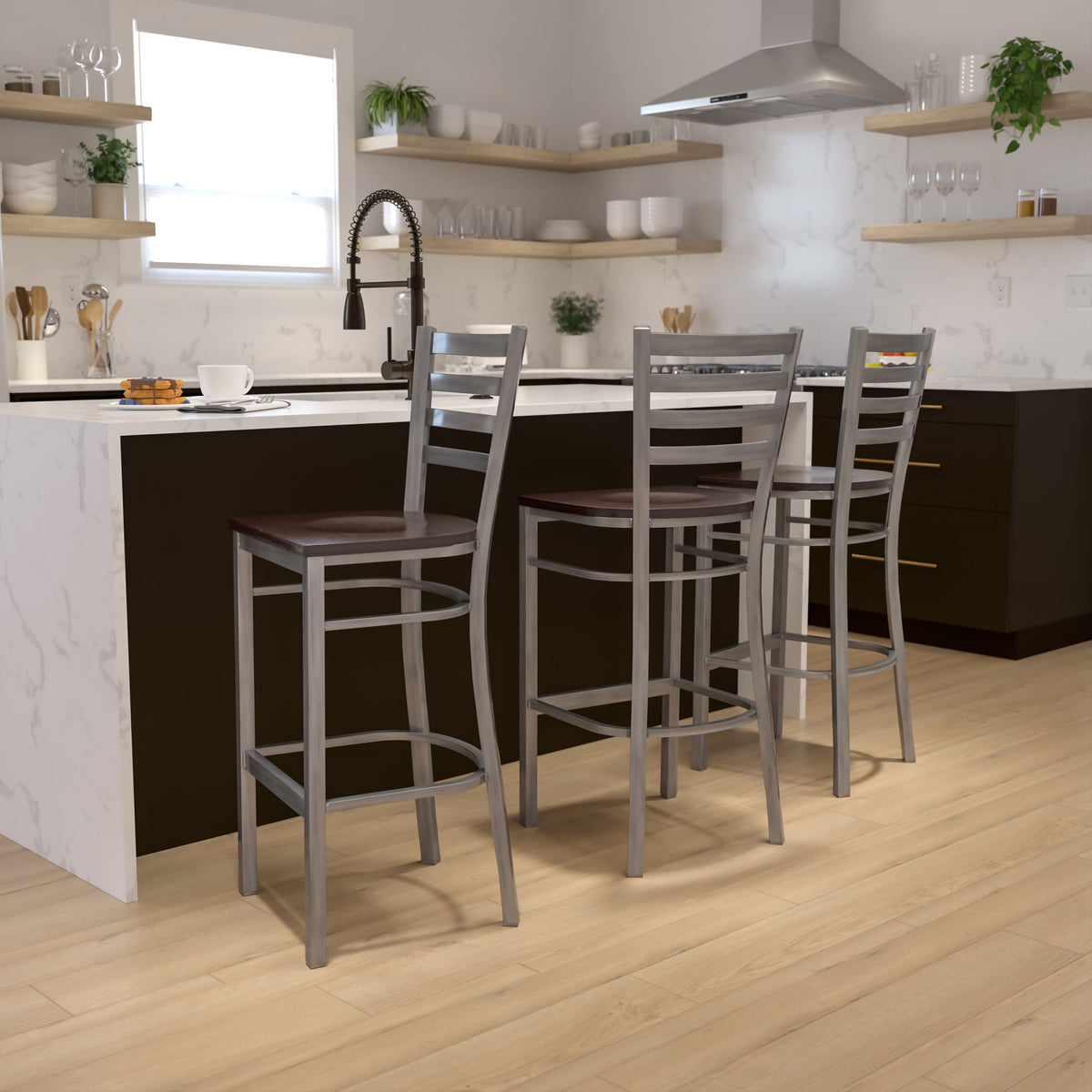 Walnut Wood Seat/Clear Coated Metal Frame |#| Silver Antique Clear Coat Ladder Back Metal Restaurant Barstool-Walnut Wood Seat