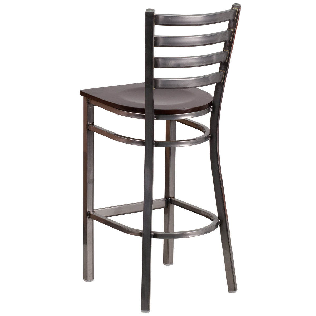 Walnut Wood Seat/Clear Coated Metal Frame |#| Silver Antique Clear Coat Ladder Back Metal Restaurant Barstool-Walnut Wood Seat