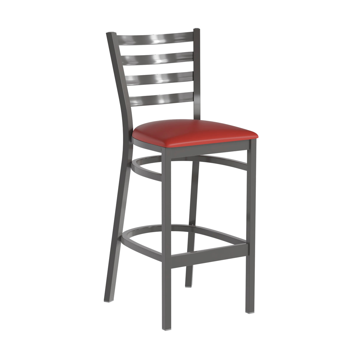 Red Vinyl Seat/Clear Coated Metal Frame |#| Silver Antique Clear Coat Ladder Back Metal Restaurant Barstool-Red Vinyl Seat