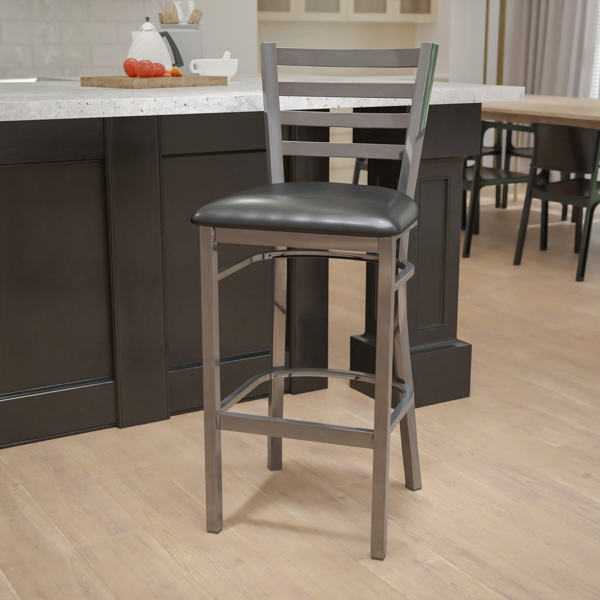 Black Vinyl Seat/Clear Coated Metal Frame |#| Silver Antique Clear Coat Ladder Back Metal Restaurant Barstool-Black Vinyl Seat