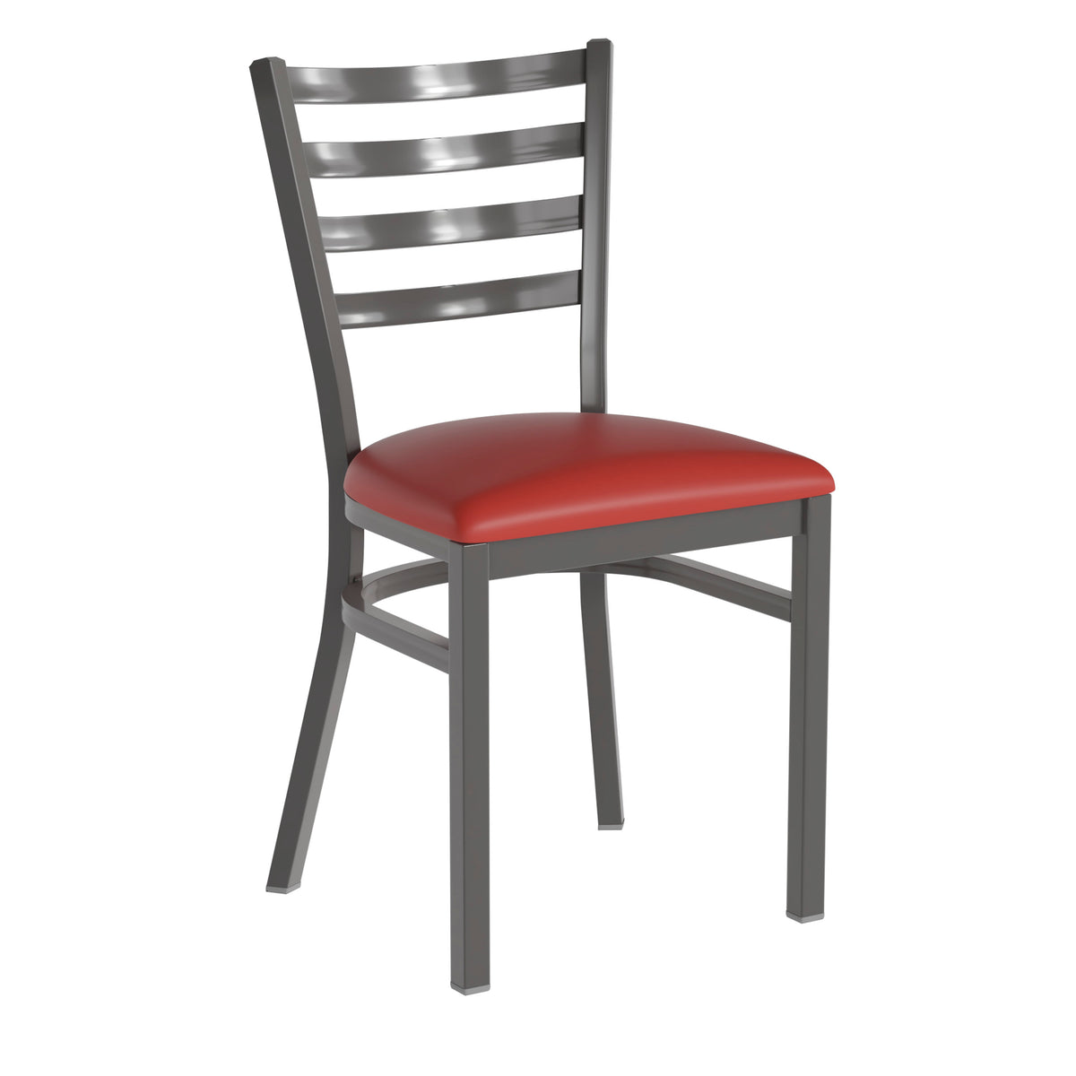 Red Vinyl Seat/Clear Coated Metal Frame |#| Silver Antique Clear Coat Ladder Back Metal Restaurant Chair-Red Vinyl Seat