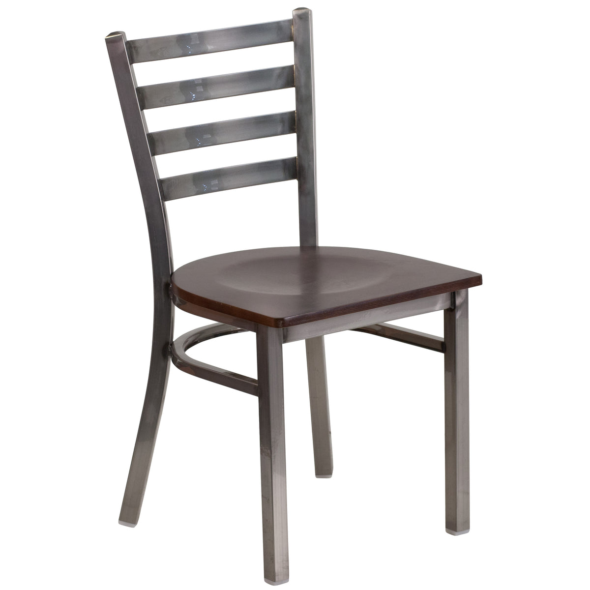 Walnut Wood Seat/Clear Coated Metal Frame |#| Silver Antique Clear Coat Ladder Back Metal Restaurant Chair-Walnut Wood Seat