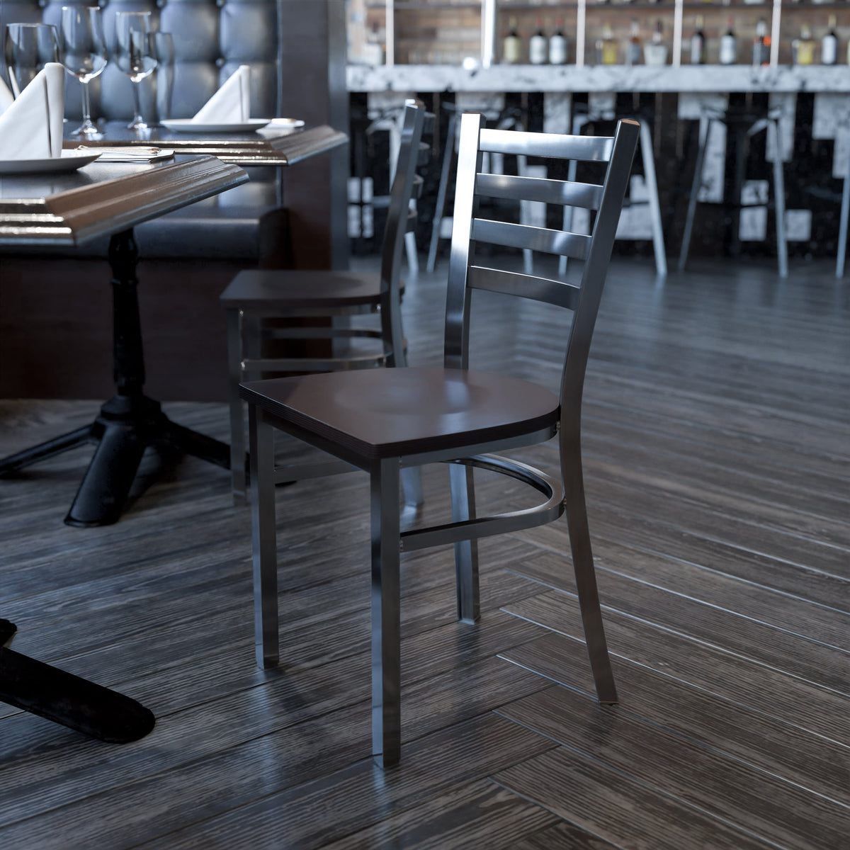 Walnut Wood Seat/Clear Coated Metal Frame |#| Silver Antique Clear Coat Ladder Back Metal Restaurant Chair-Walnut Wood Seat