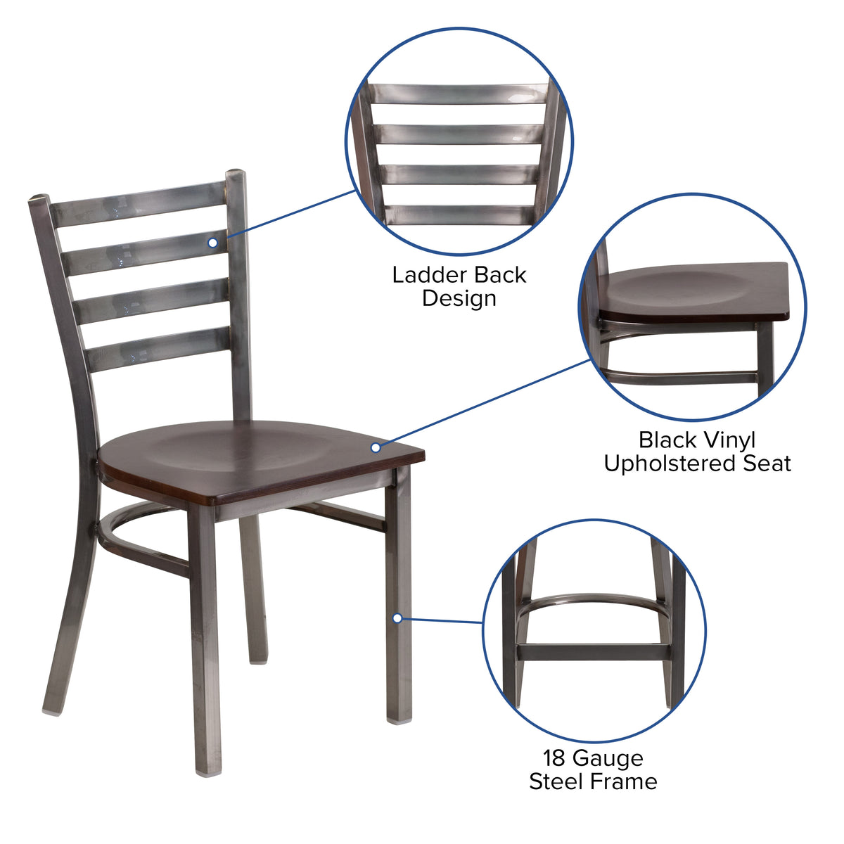 Walnut Wood Seat/Clear Coated Metal Frame |#| Silver Antique Clear Coat Ladder Back Metal Restaurant Chair-Walnut Wood Seat