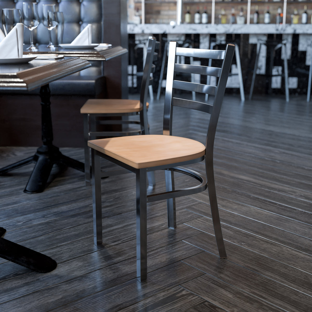 Natural Wood Seat/Clear Coated Metal Frame |#| Silver Antique Clear Coat Ladder Back Metal Restaurant Chair-Natural Wood Seat