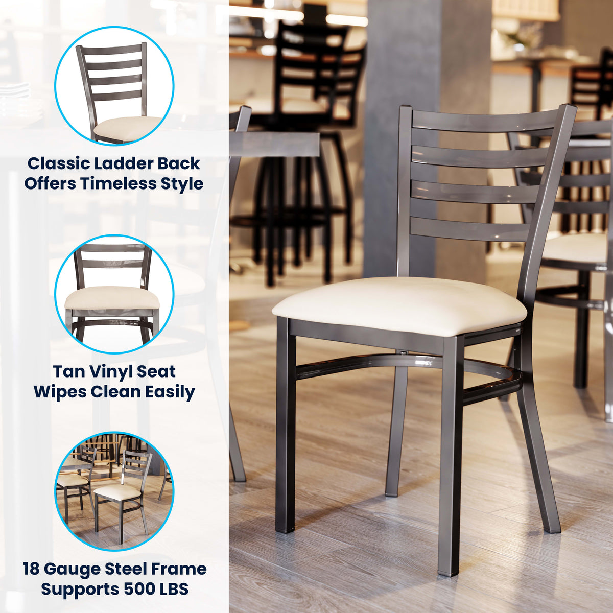 Tan Vinyl Seat/Silver Antique Metal Frame |#| Commercial Silver Ladder Back Restaurant Chair with Tan Vinyl Seat