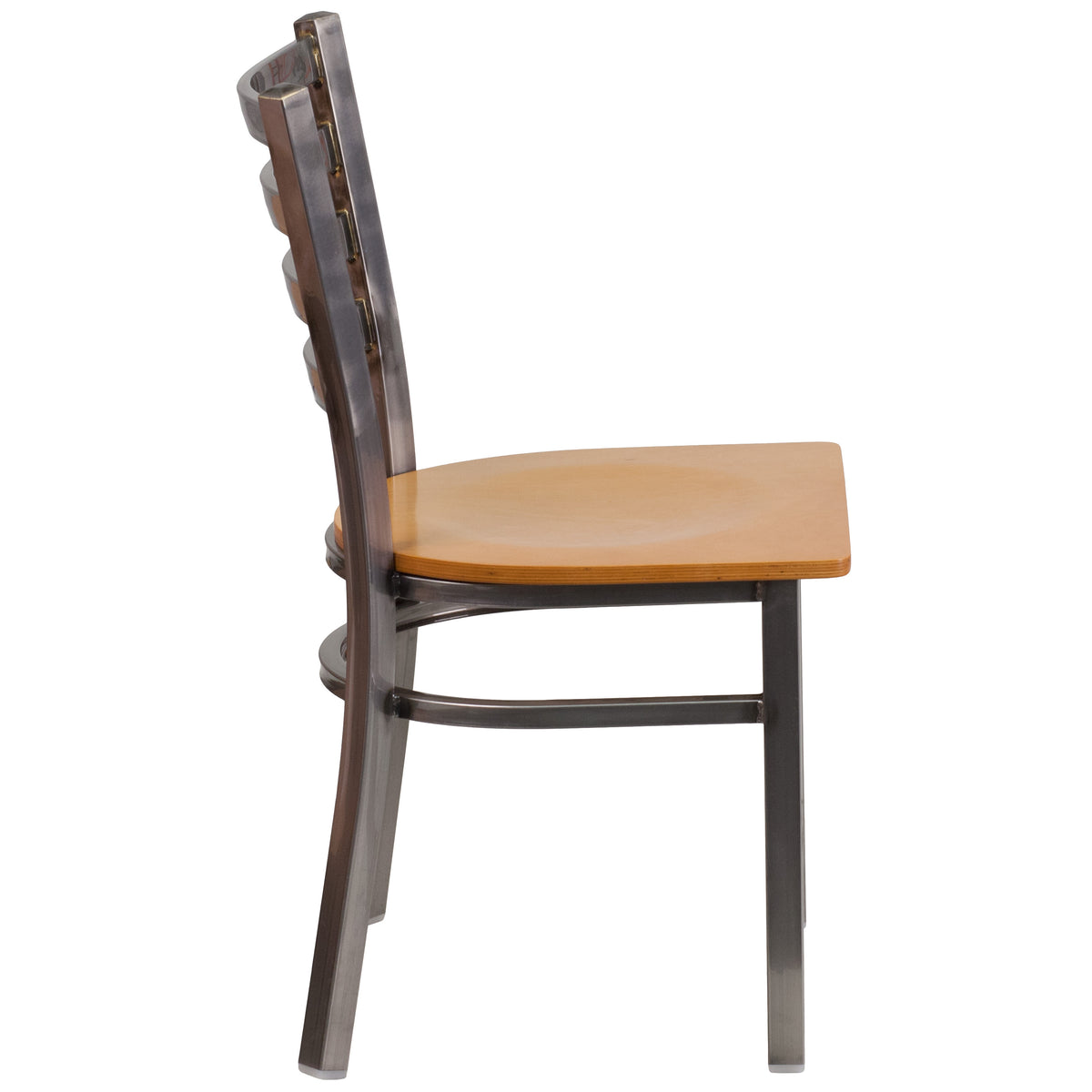 Natural Wood Seat/Clear Coated Metal Frame |#| Silver Antique Clear Coat Ladder Back Metal Restaurant Chair-Natural Wood Seat
