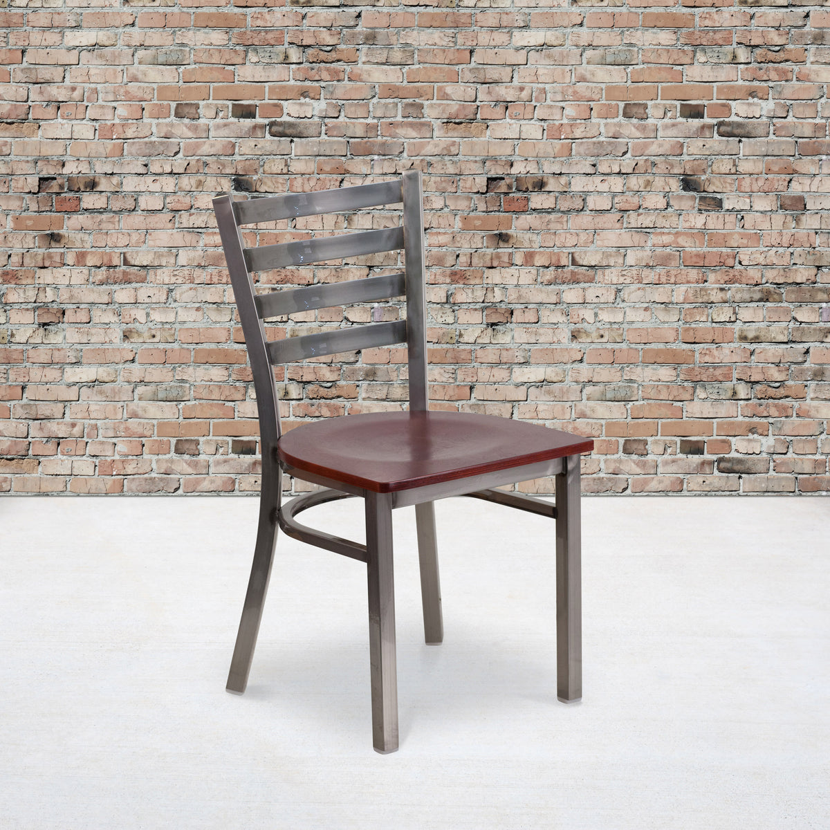 Mahogany Wood Seat/Clear Coated Metal Frame |#| Silver Antique Clear Coat Ladder Back Metal Restaurant Chair-Mahogany Wood Seat
