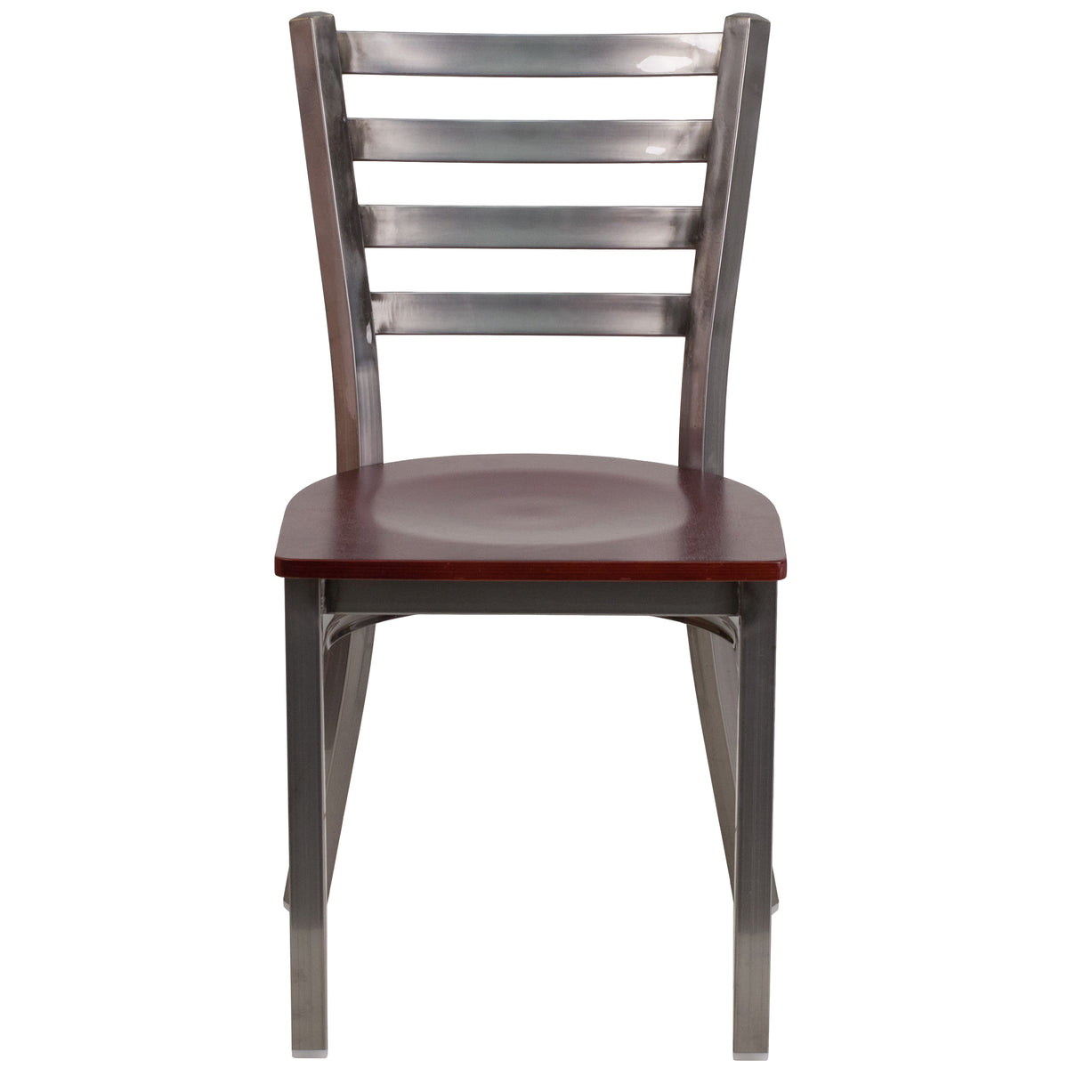 Mahogany Wood Seat/Clear Coated Metal Frame |#| Silver Antique Clear Coat Ladder Back Metal Restaurant Chair-Mahogany Wood Seat