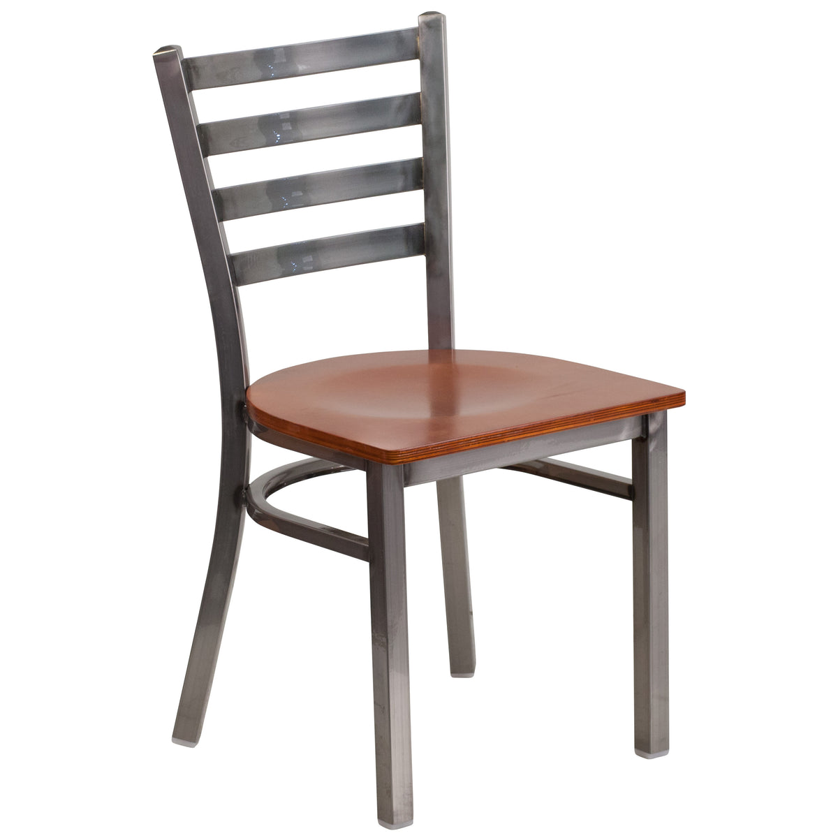 Cherry Wood Seat/Clear Coated Metal Frame |#| Silver Antique Clear Coat Ladder Back Metal Restaurant Chair-Cherry Wood Seat