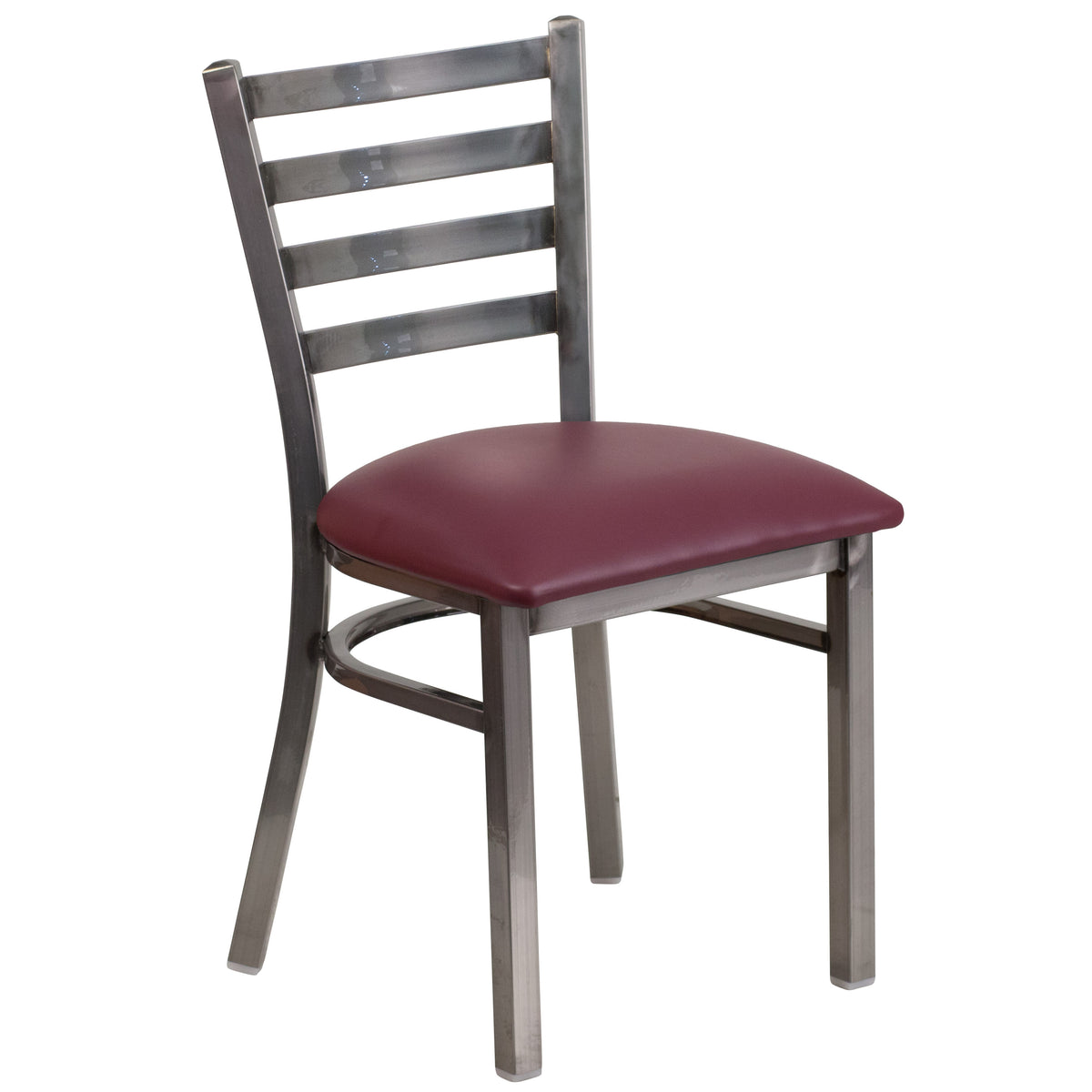 Burgundy Vinyl Seat/Clear Coated Metal Frame |#| Silver Antique Clear Coat Ladder Back Metal Restaurant Chair-Burgundy Vinyl Seat