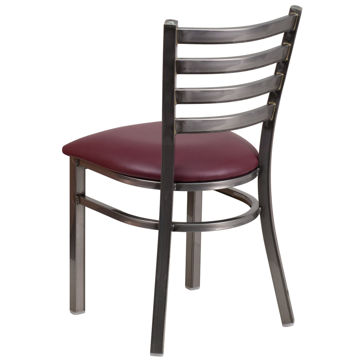 Burgundy Vinyl Seat/Clear Coated Metal Frame |#| Silver Antique Clear Coat Ladder Back Metal Restaurant Chair-Burgundy Vinyl Seat