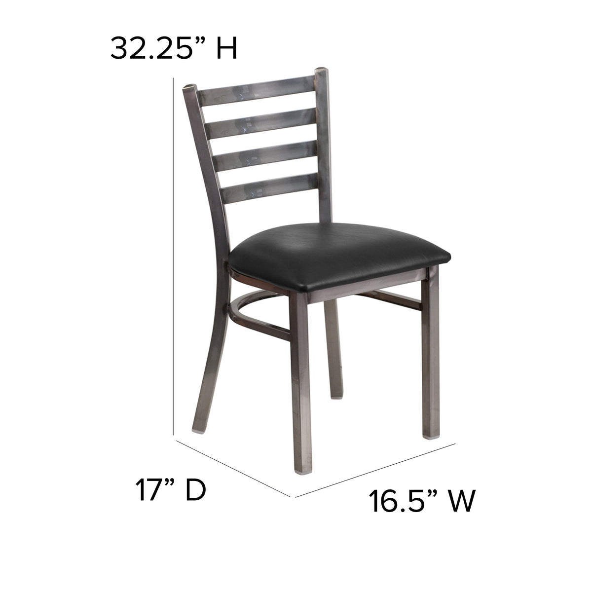 Black Vinyl Seat/Clear Coated Metal Frame |#| Silver Antique Clear Coat Ladder Back Metal Restaurant Chair-Black Vinyl Seat