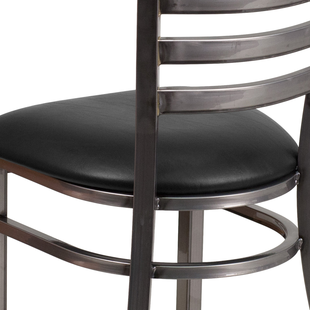 Black Vinyl Seat/Clear Coated Metal Frame |#| Silver Antique Clear Coat Ladder Back Metal Restaurant Chair-Black Vinyl Seat