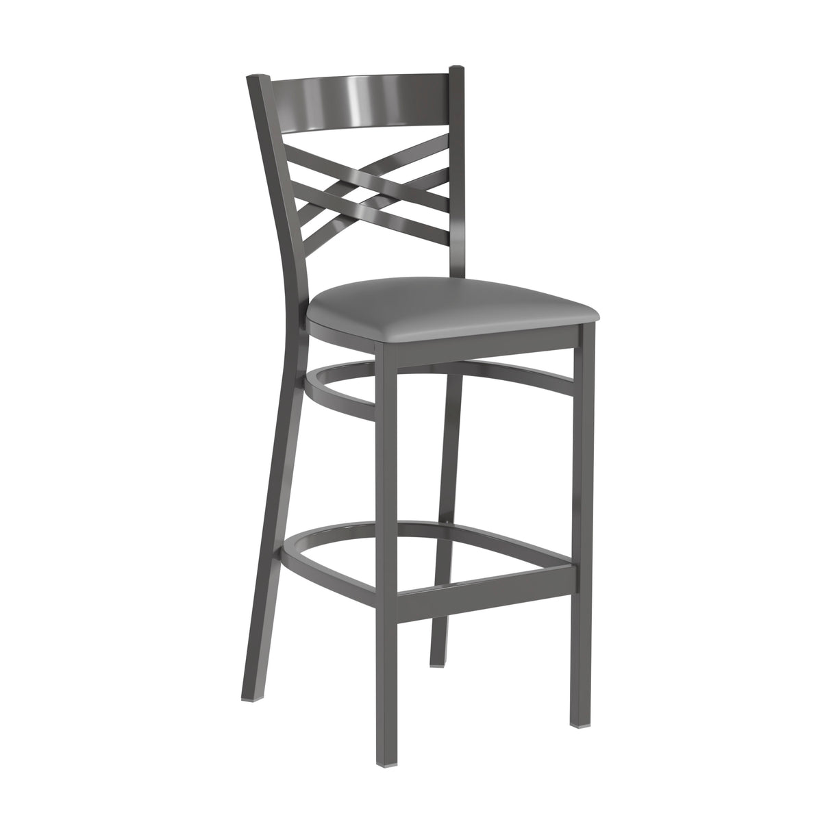 Gray Vinyl Seat/Clear Coated Metal Frame |#| Silver Antique Clear Coat "X" Back Metal Restaurant Barstool-Gray Vinyl Seat