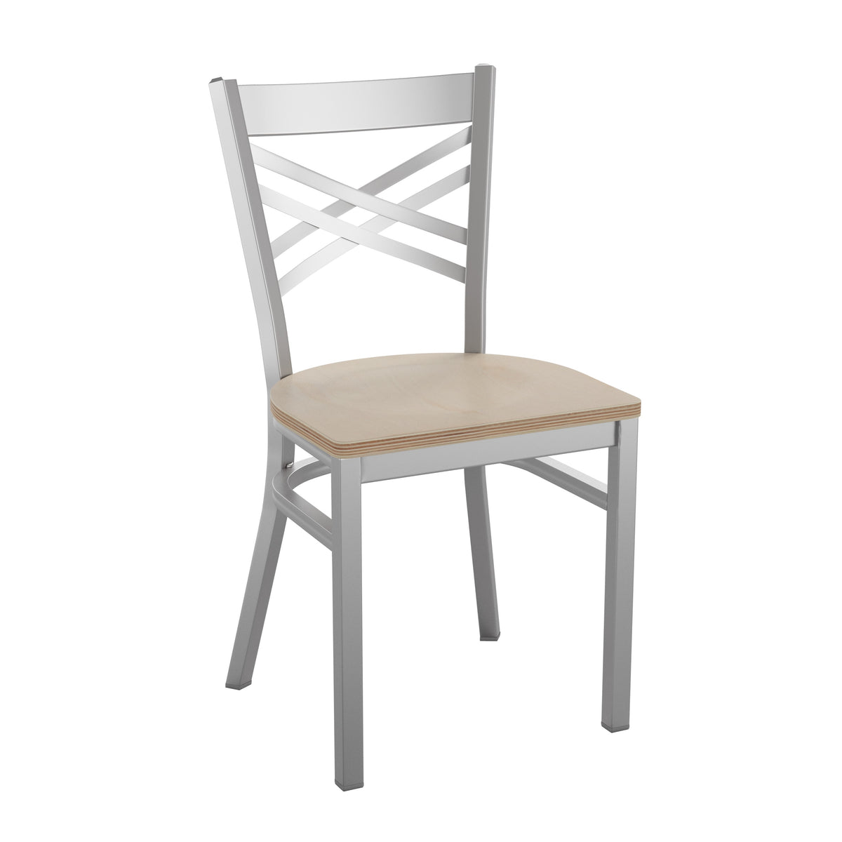 Antique White Wood Seat/Clear Coated Metal Frame |#| Silver Antique Clear Coat "X" Back Metal Restaurant Chair-AQ White Wood Seat