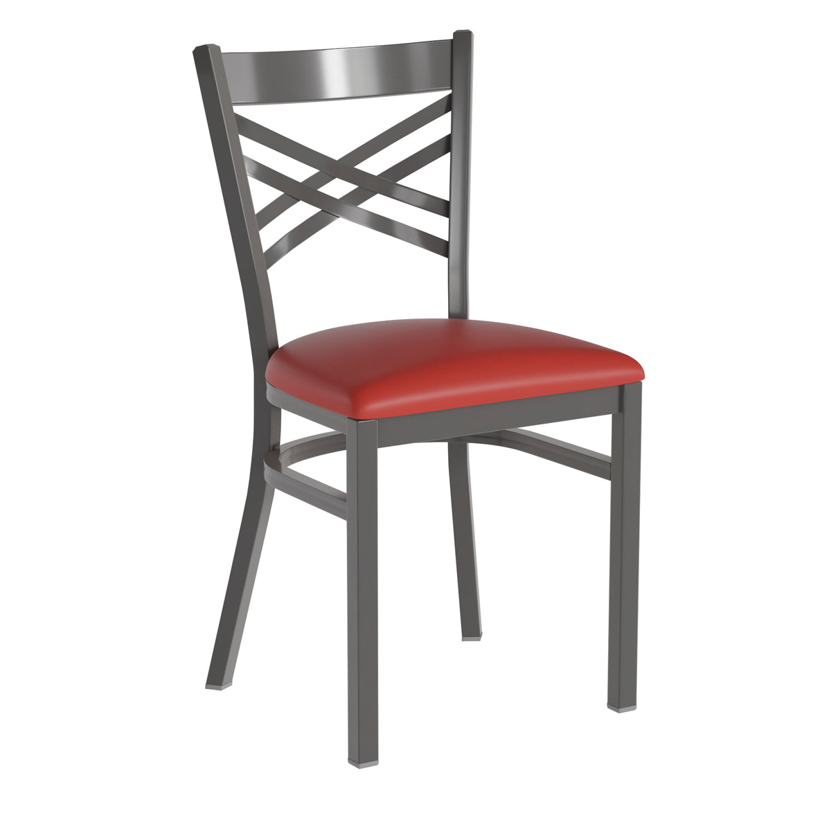 Red Vinyl Seat/Clear Coated Metal Frame |#| Silver Antique Clear Coat "X" Back Metal Restaurant Chair-Red Vinyl Seat