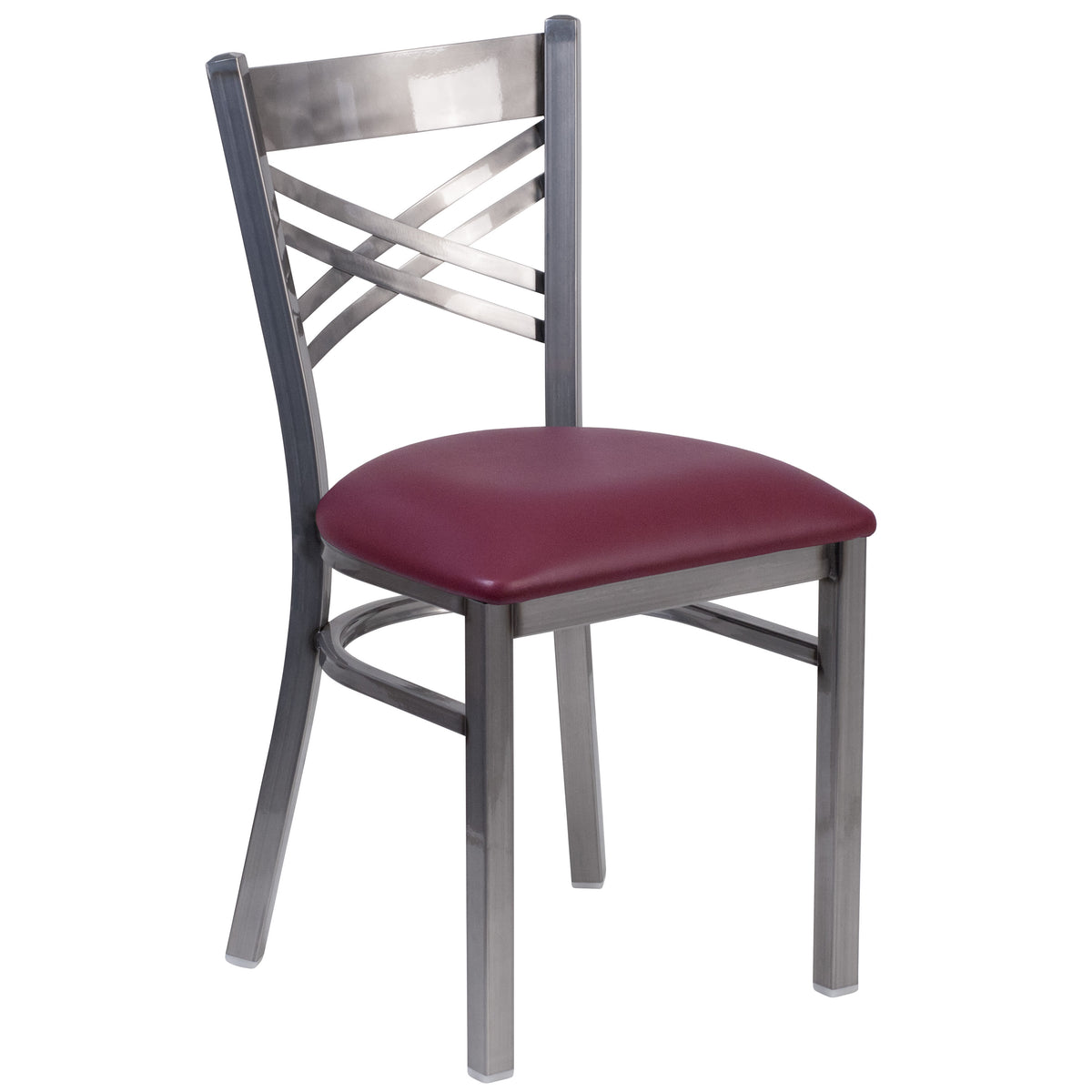 Burgundy Vinyl Seat/Clear Coated Metal Frame |#| Silver Antique Clear Coat "X" Back Metal Restaurant Chair-Burgundy Vinyl Seat