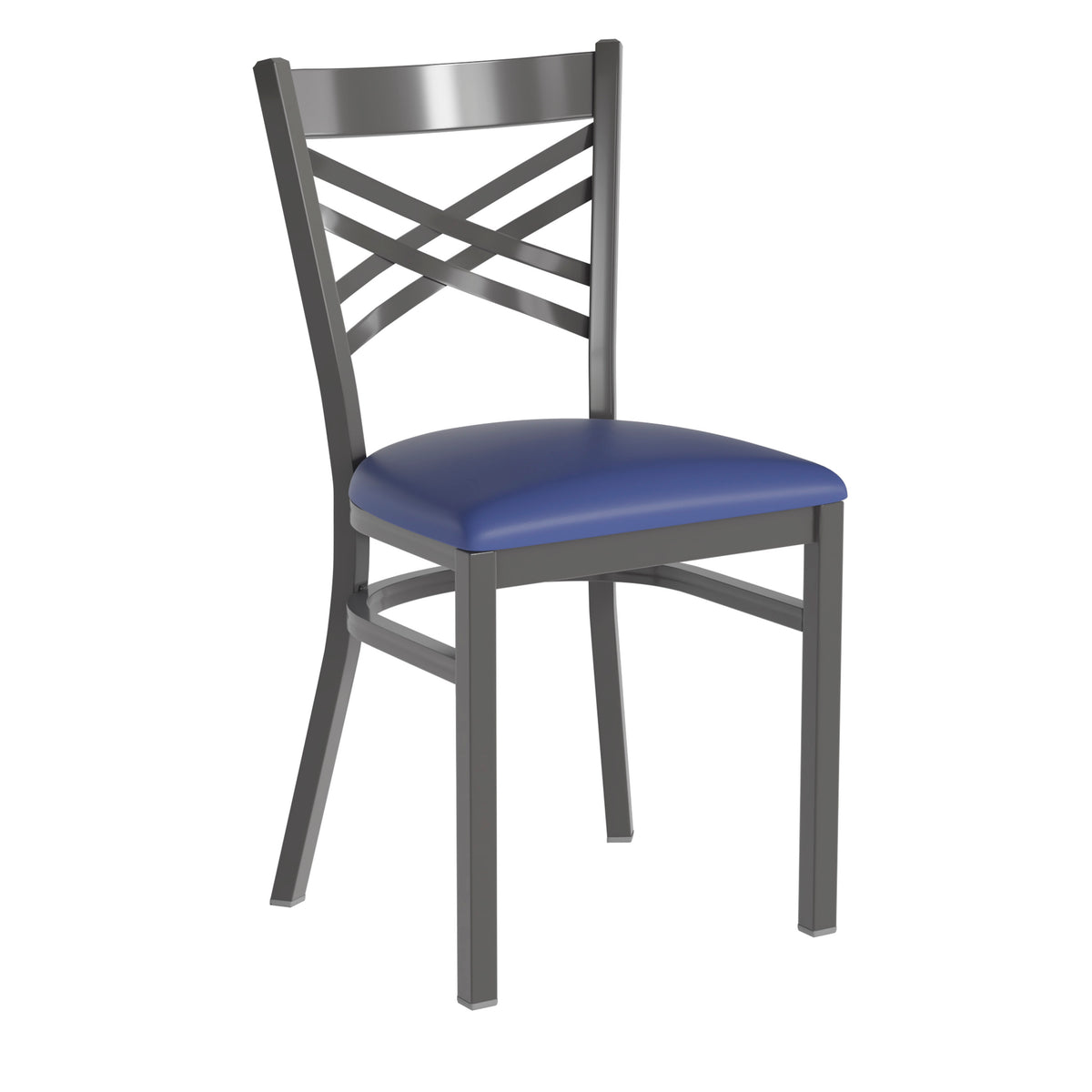 Blue Vinyl Seat/Clear Coated Metal Frame |#| Silver Antique Clear Coat "X" Back Metal Restaurant Chair-Blue Vinyl Seat