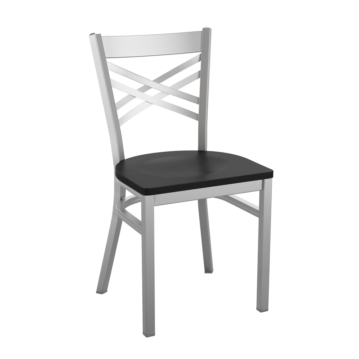 Black Wood Seat/Clear Coated Metal Frame |#| Silver Antique Clear Coat "X" Back Metal Restaurant Chair-Black Wood Seat