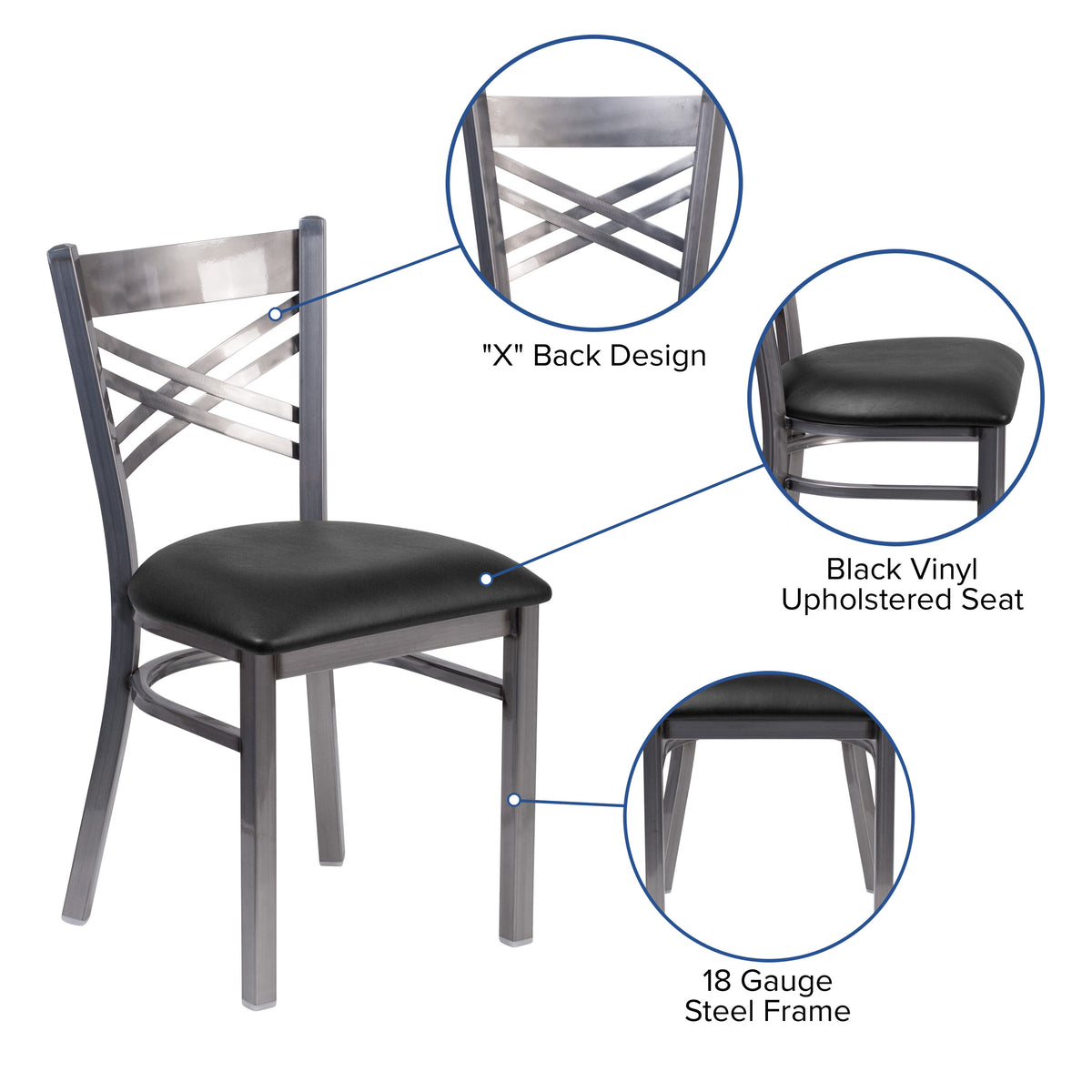 Black Vinyl Seat/Clear Coated Metal Frame |#| Silver Antique Clear Coat "X" Back Metal Restaurant Chair-Black Vinyl Seat
