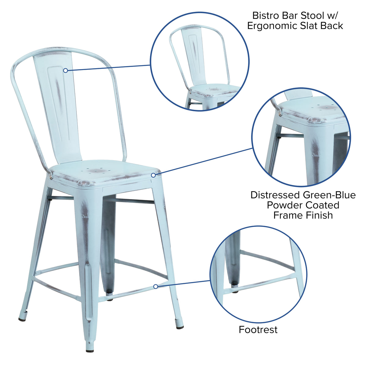 Green-Blue |#| 24" High Distressed Green-Blue Metal Indoor-Outdoor Counter Height Stool w/Back