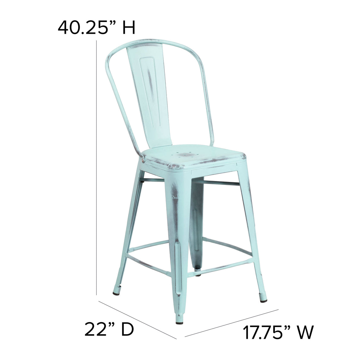 Green-Blue |#| 24" High Distressed Green-Blue Metal Indoor-Outdoor Counter Height Stool w/Back