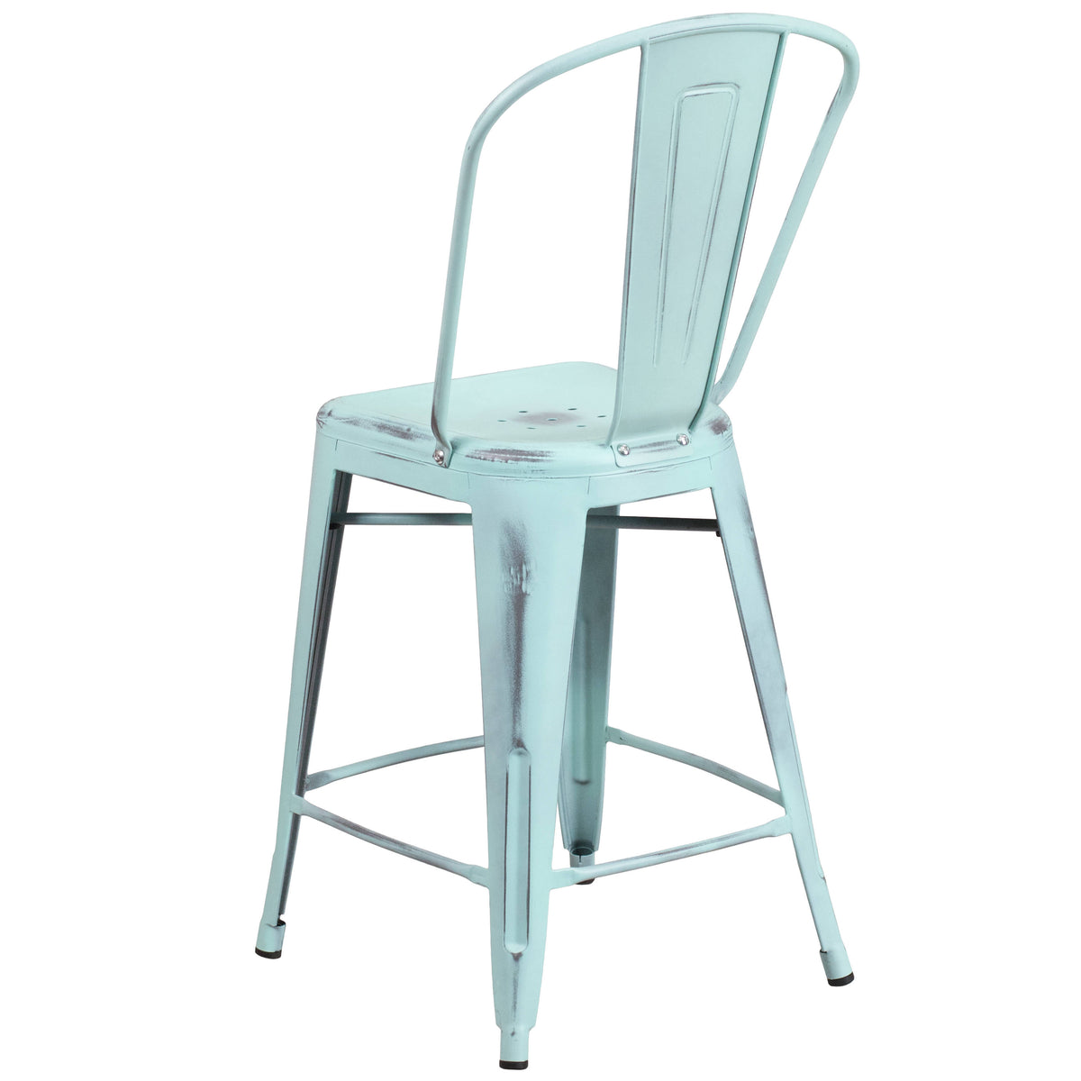 Green-Blue |#| 24" High Distressed Green-Blue Metal Indoor-Outdoor Counter Height Stool w/Back