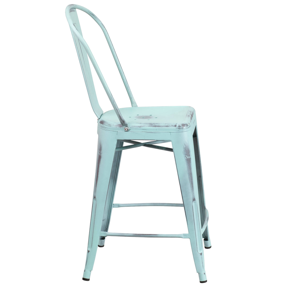 Green-Blue |#| 24" High Distressed Green-Blue Metal Indoor-Outdoor Counter Height Stool w/Back