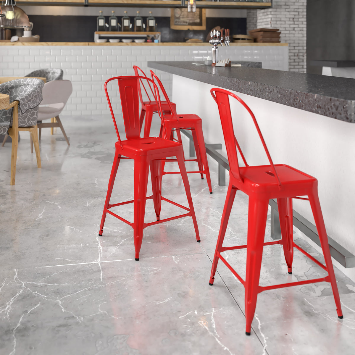 Red |#| 24" High Red Metal Indoor-Outdoor Counter Height Stool with Back