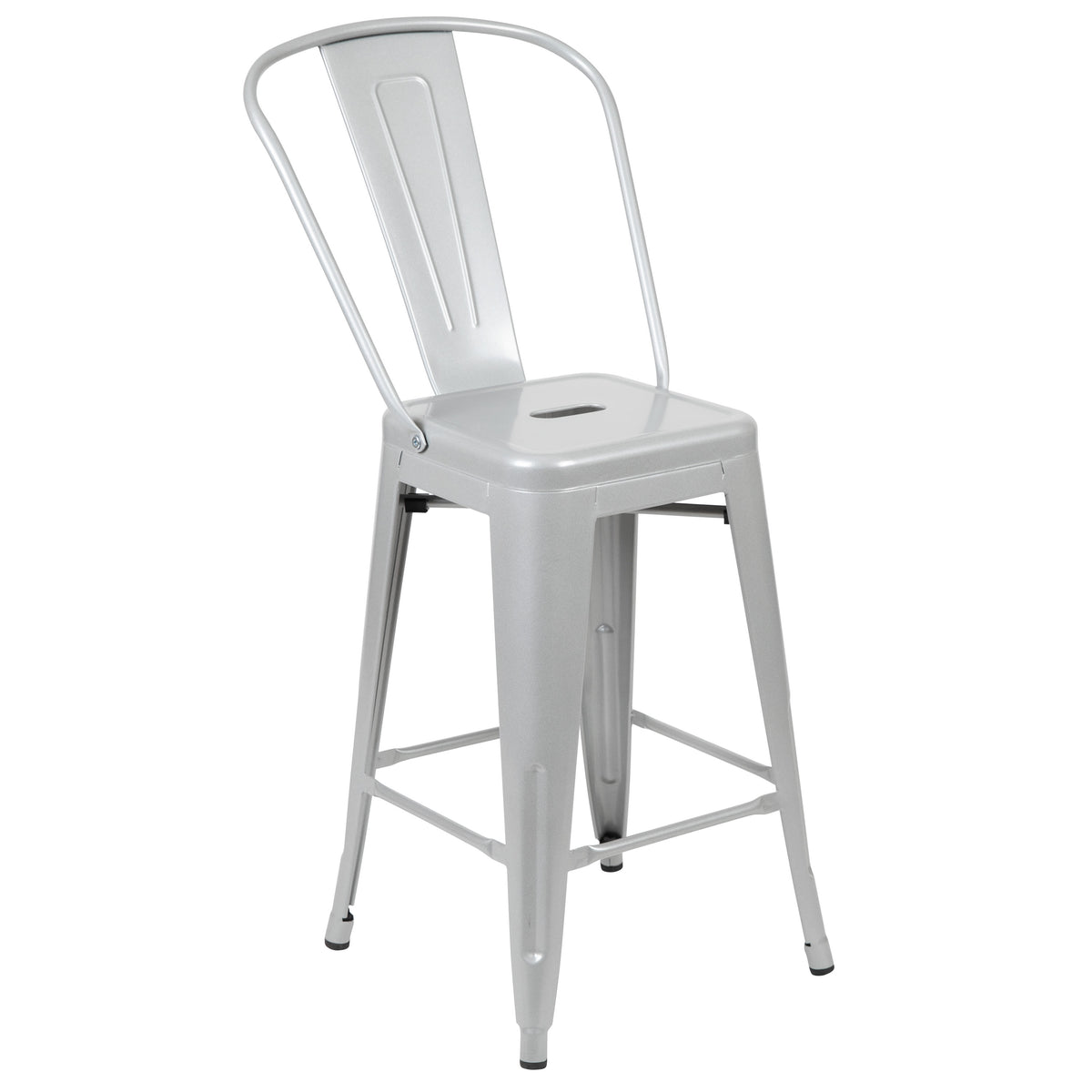 Silver |#| 24" High Silver Metal Indoor-Outdoor Counter Height Stool with Back