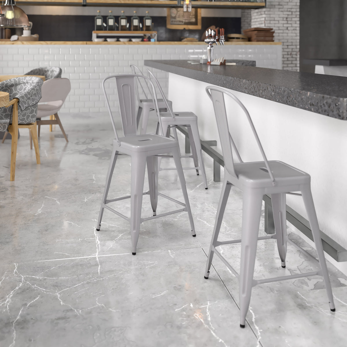 Silver |#| 24" High Silver Metal Indoor-Outdoor Counter Height Stool with Back