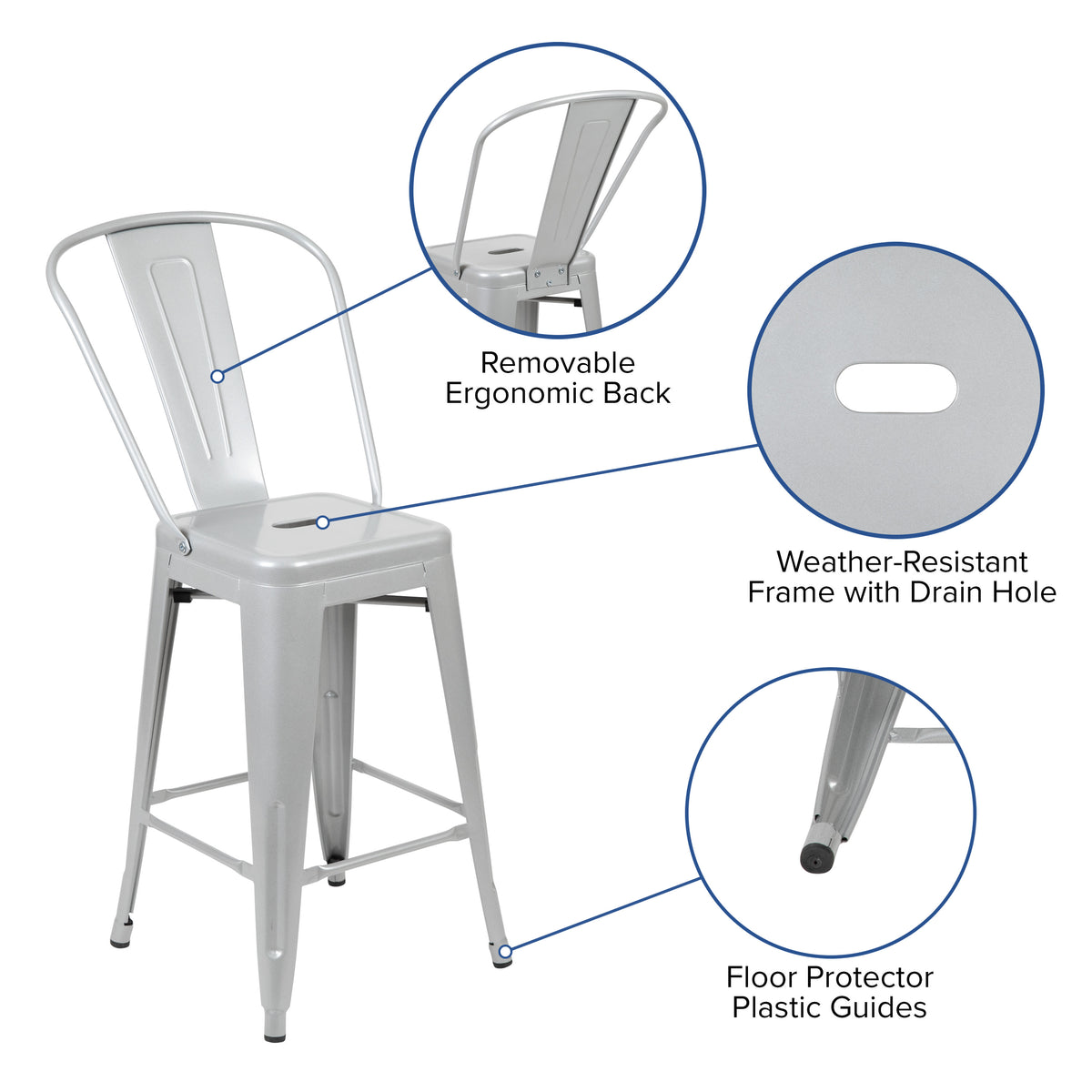 Silver |#| 24" High Silver Metal Indoor-Outdoor Counter Height Stool with Back